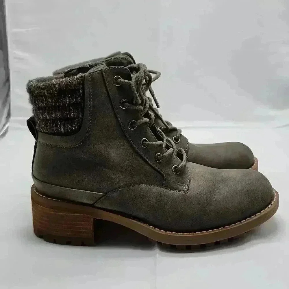 B-52 By Bull Boxer Womens Lace Up Side Zip Textile Heeled Short Boots Green Sz 8